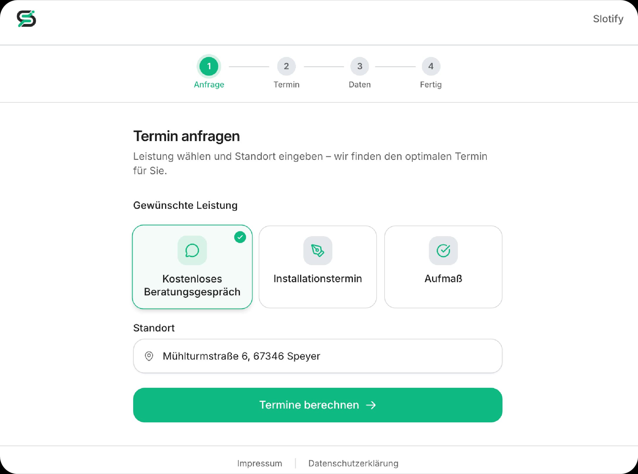 1. Service Selection (Leistung & Adresse)